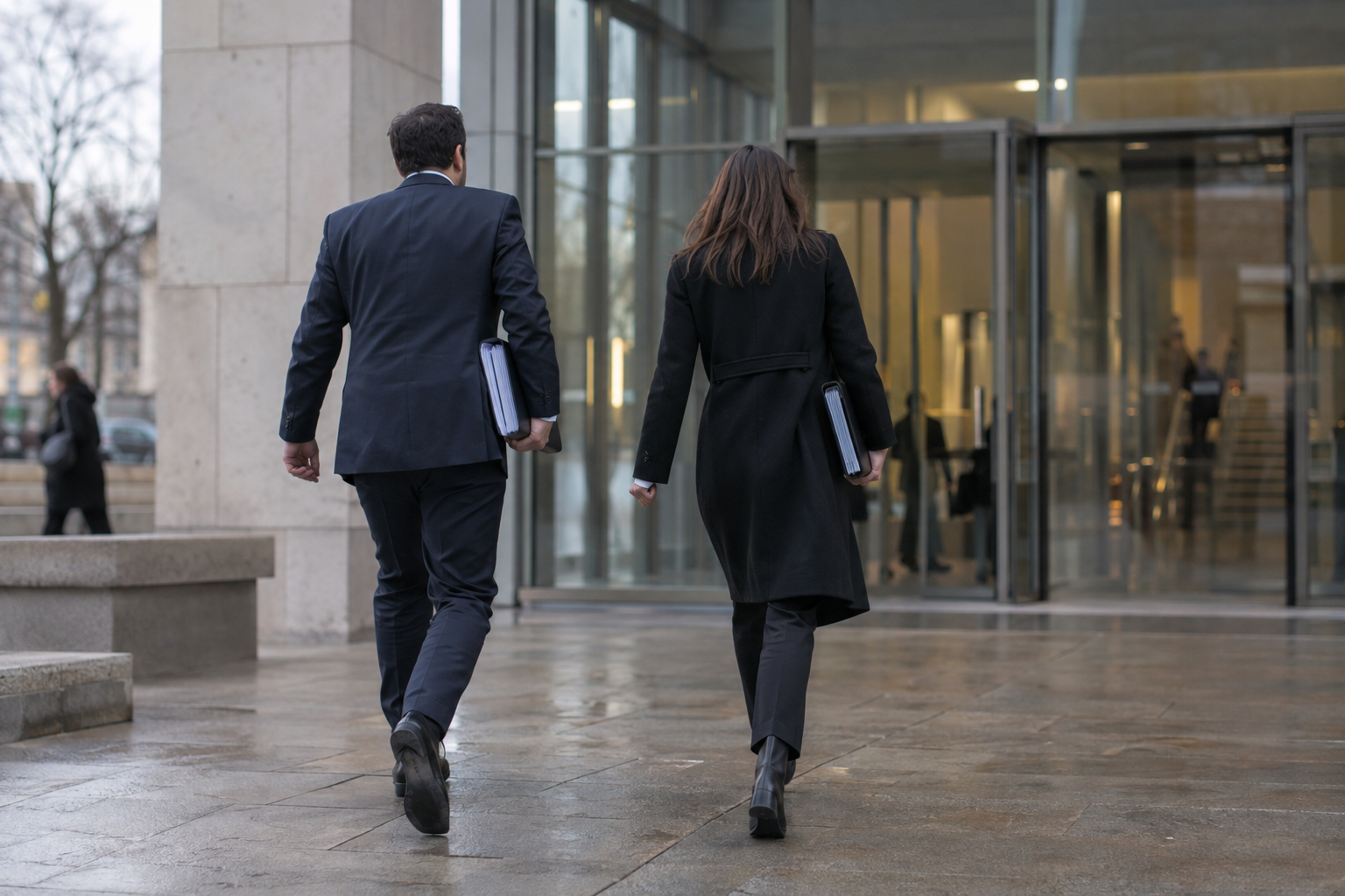 Legal representatives carrying folders outside a court building in Luxembourg, where digital regulation is contested.