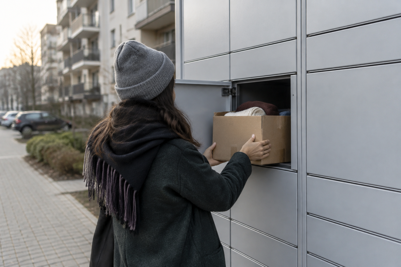 A person places a secondhand clothing parcel into an outdoor locker on a residential street in Vilnius, Lithuania.