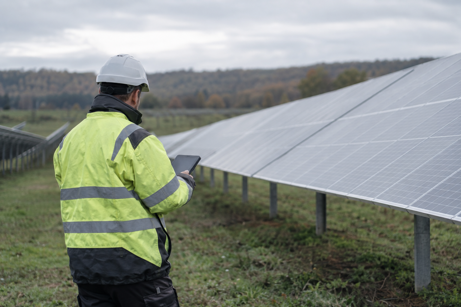 An anonymous technician checks a tablet beside rows of solar panels at a renewable energy site in Germany.