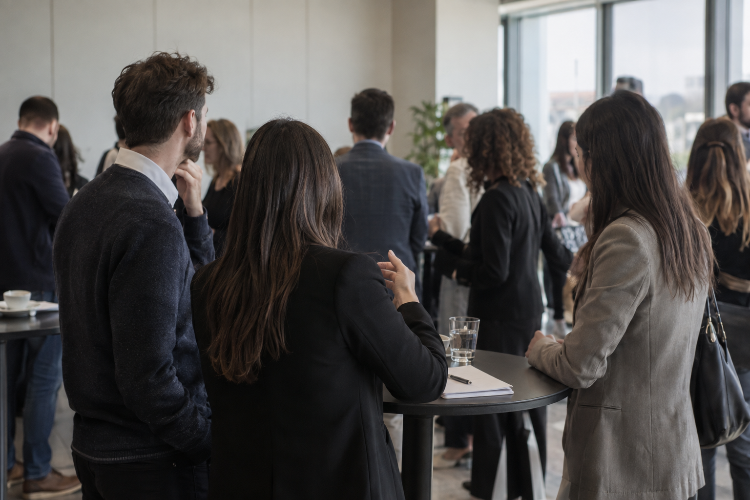 Anonymous attendees networking around small tables at a startup event in Tirana, Albania.