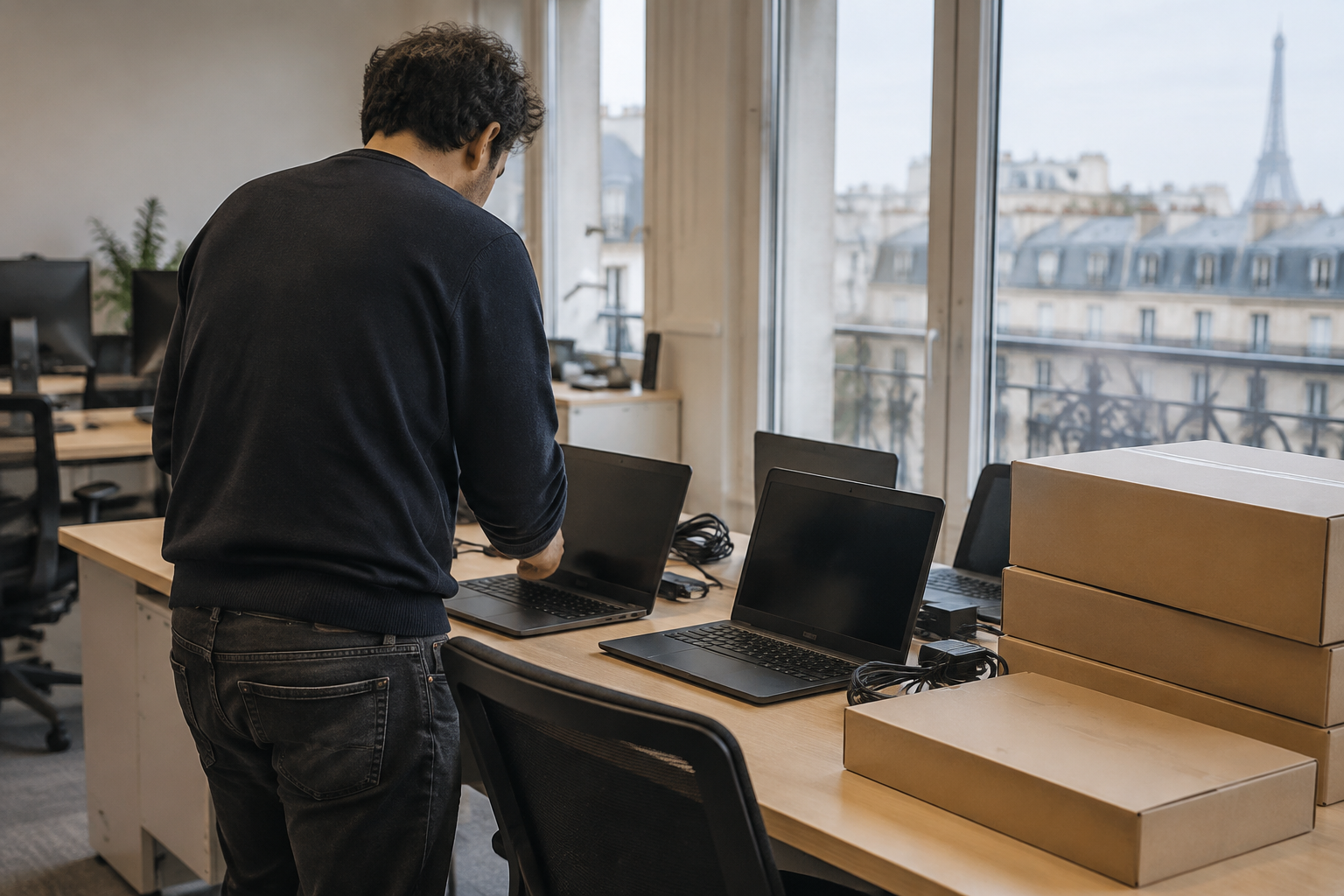 An IT worker prepares laptops beside equipment boxes for new employees in a Paris office.