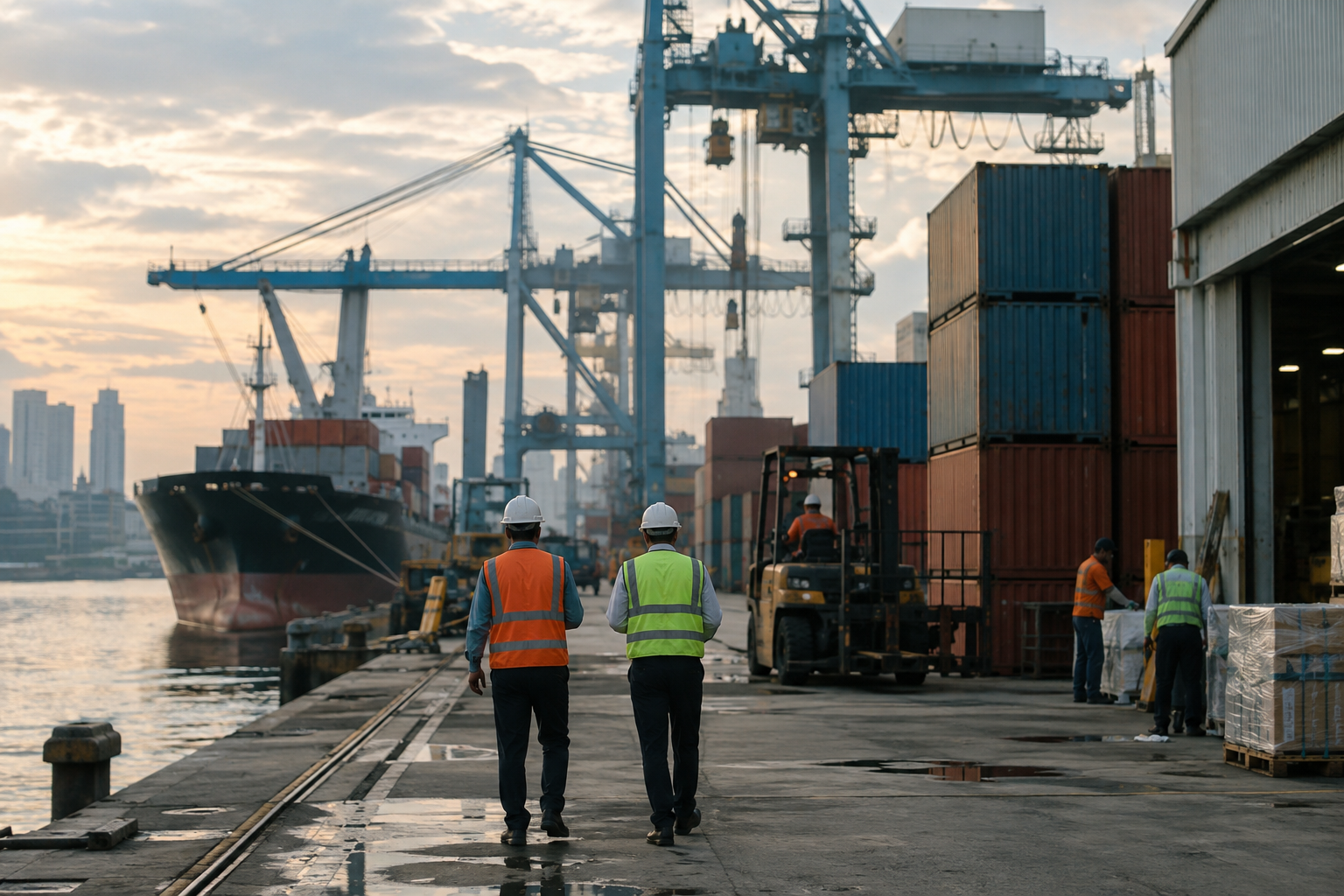 Dockside cranes, unmarked containers and workers at a commercial port in Metro Manila, Philippines.