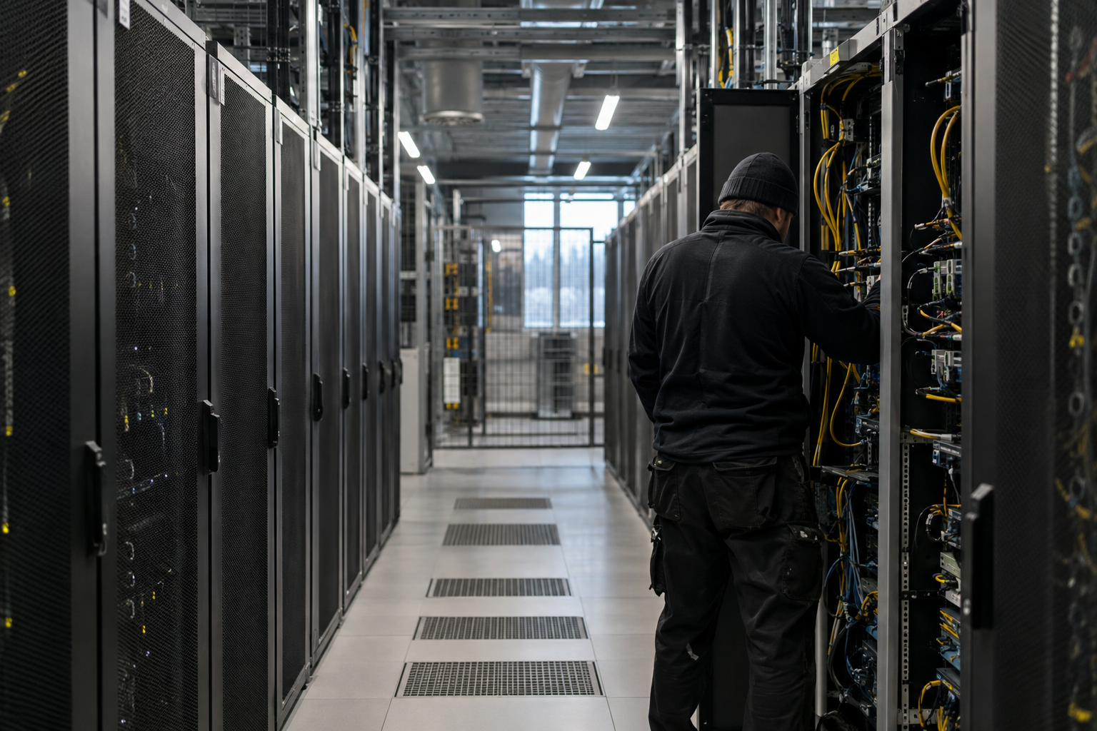 An anonymous technician checks cabling between server racks at an AI data centre in Helsinki, Finland.