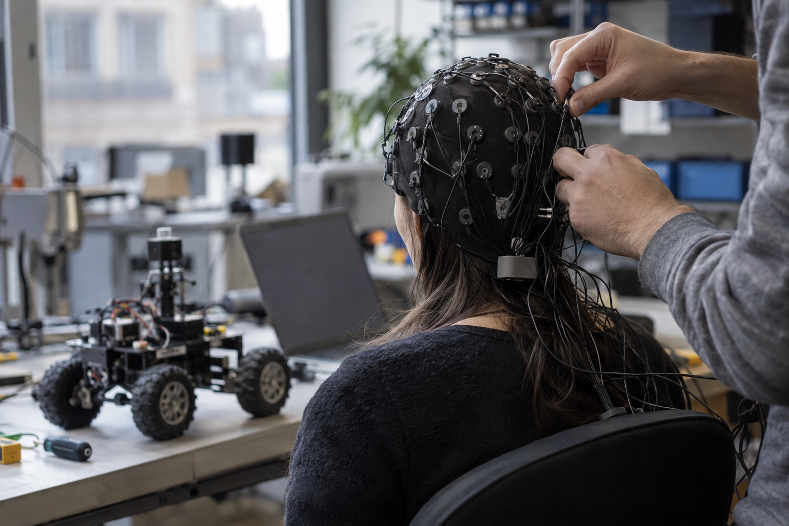 An anonymous participant wears an EEG cap beside a small wheeled robot in a London engineering workspace.
