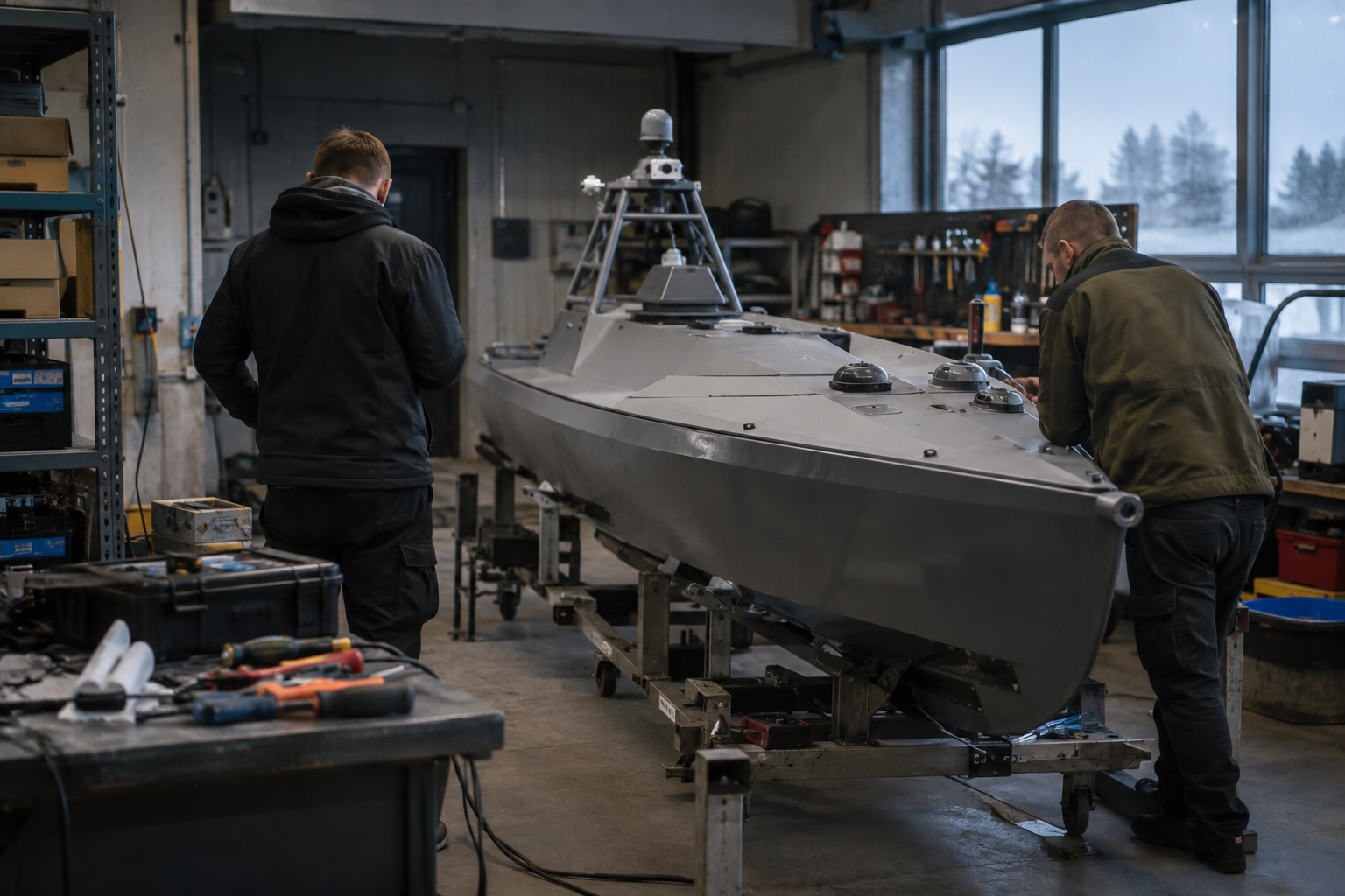 Engineers inspect an unbranded unmanned surface vessel in a defence technology workshop in Estonia.