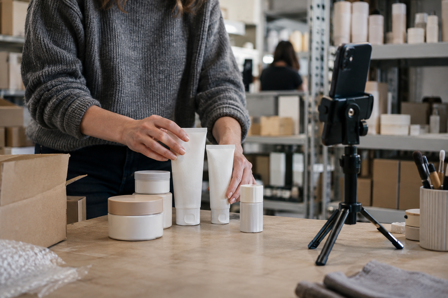 Hands arrange unlabelled beauty products beside a smartphone on a tripod in a UK retail stockroom.
