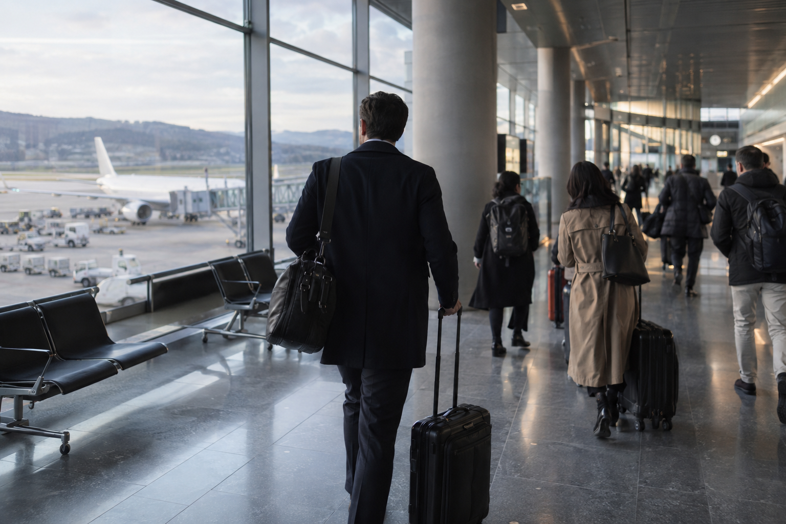 Business travellers carrying laptop bags and wheeled luggage through an airport departures concourse in Zurich, Switzerland.