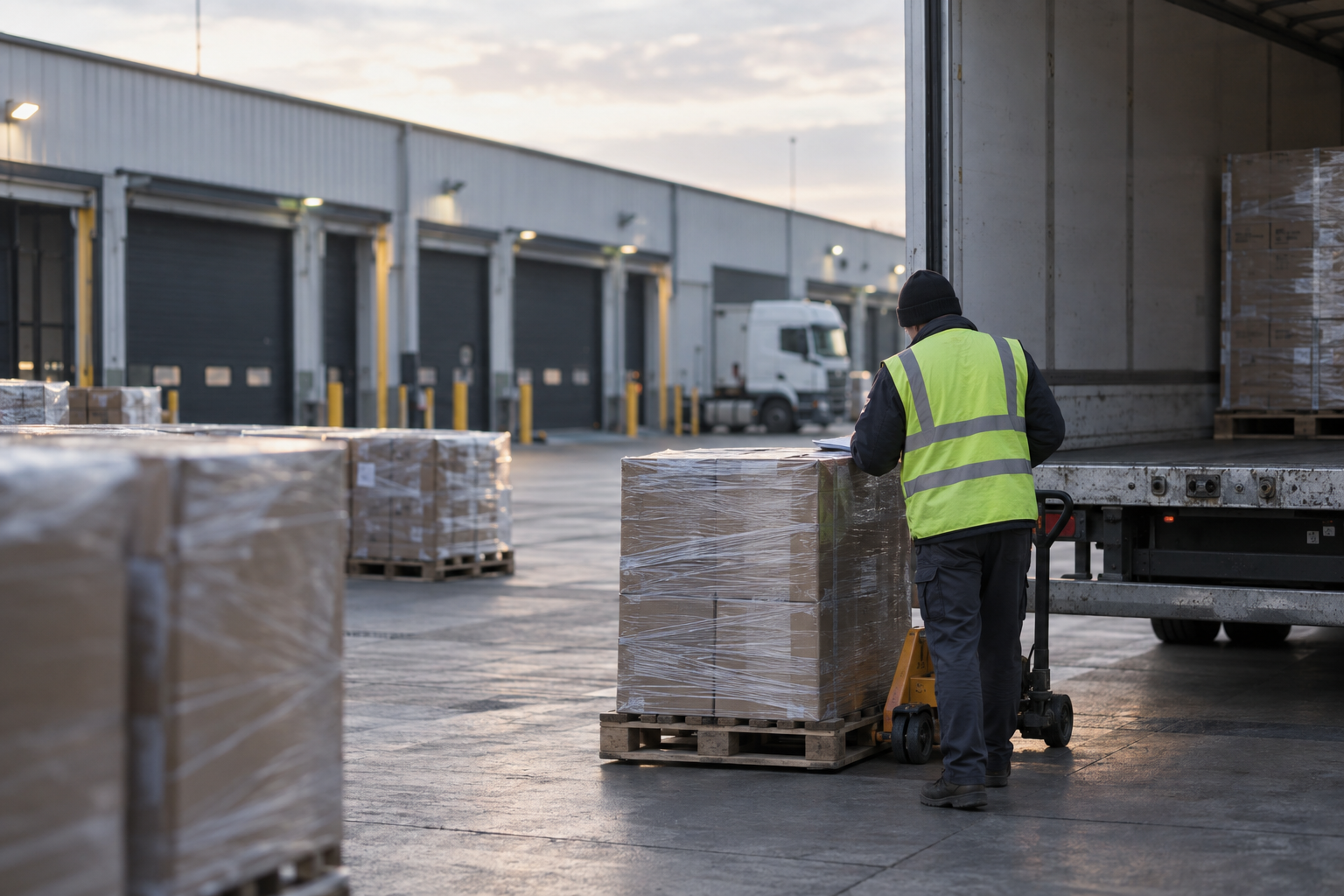 A freight worker checks cargo beside a loading trailer at a logistics warehouse on the outskirts of Birmingham, UK.