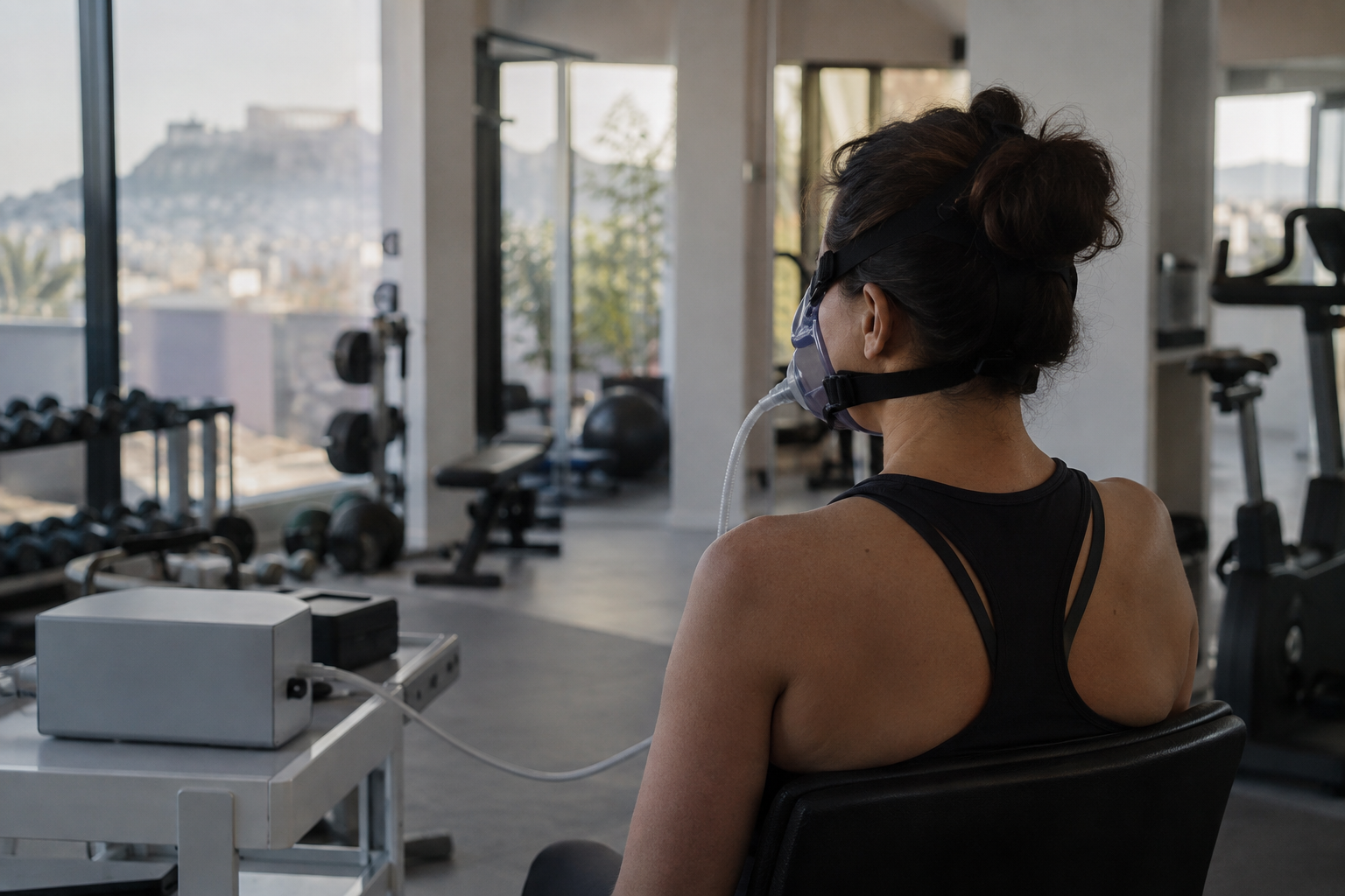 An anonymous customer wearing a breath-testing mask beside compact equipment in a fitness studio in Athens, Greece.