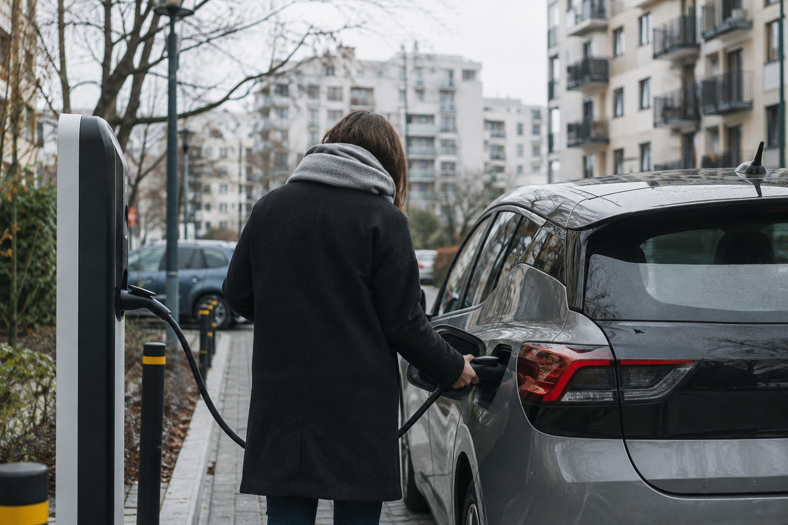 An anonymous driver connects an electric car to a public charging point in a Warsaw residential district.
