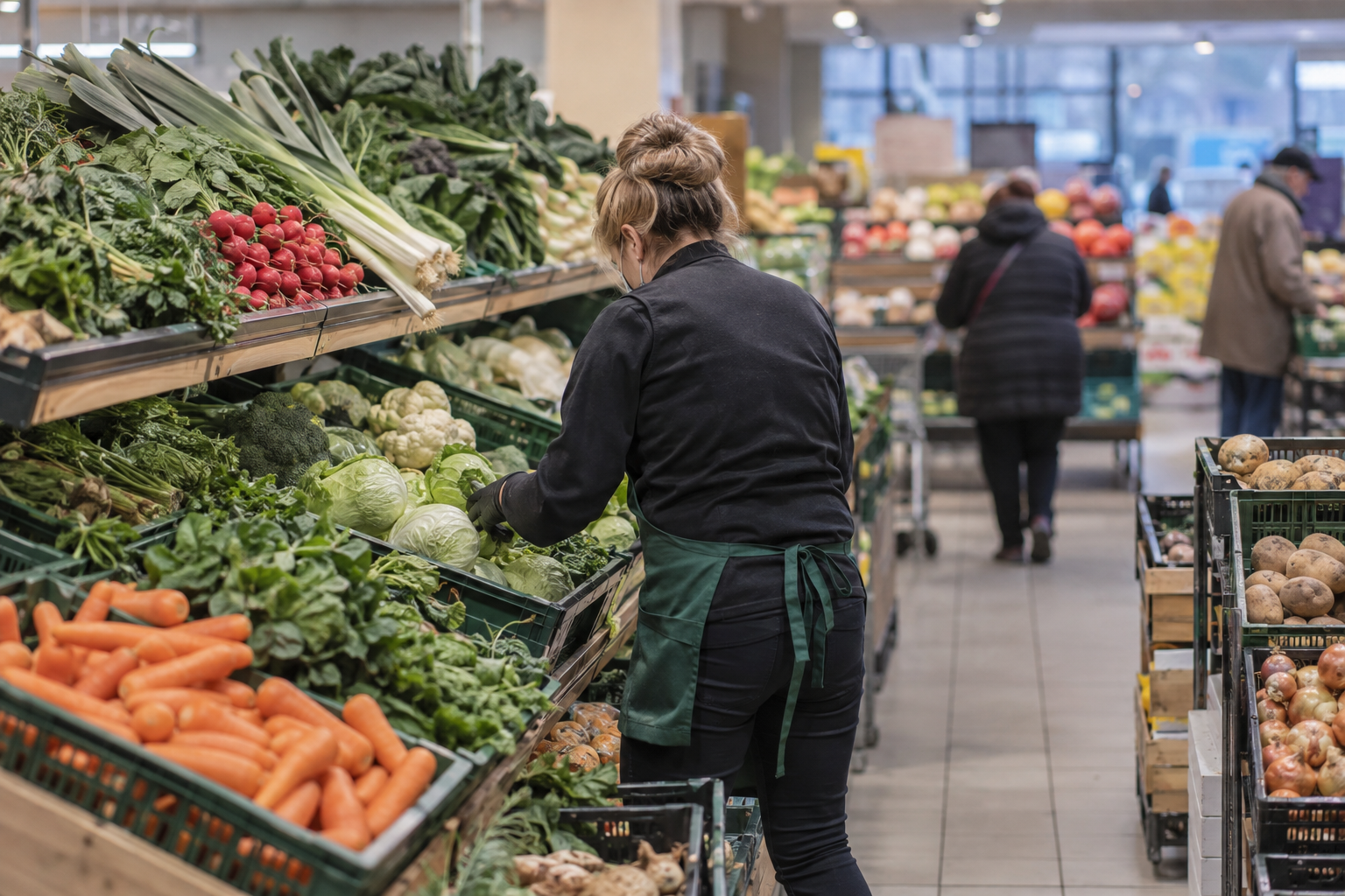 An anonymous supermarket worker restocks loose vegetables in a fresh-produce aisle in Slovakia.