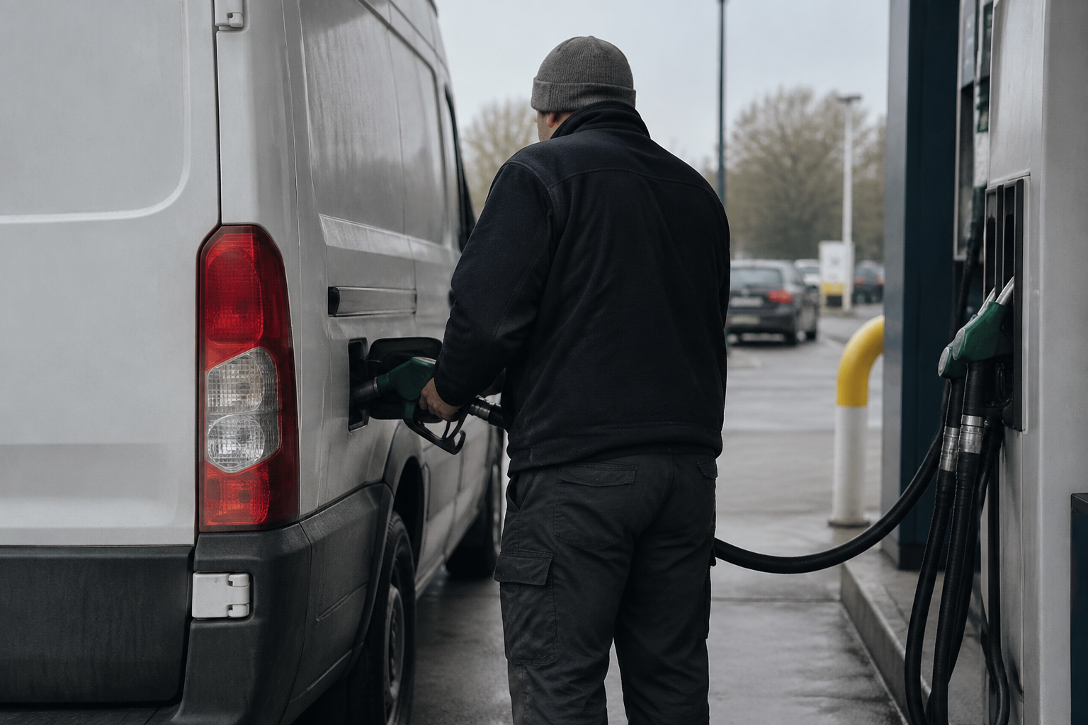 An anonymous driver refuels a delivery van with diesel at a UK roadside forecourt.