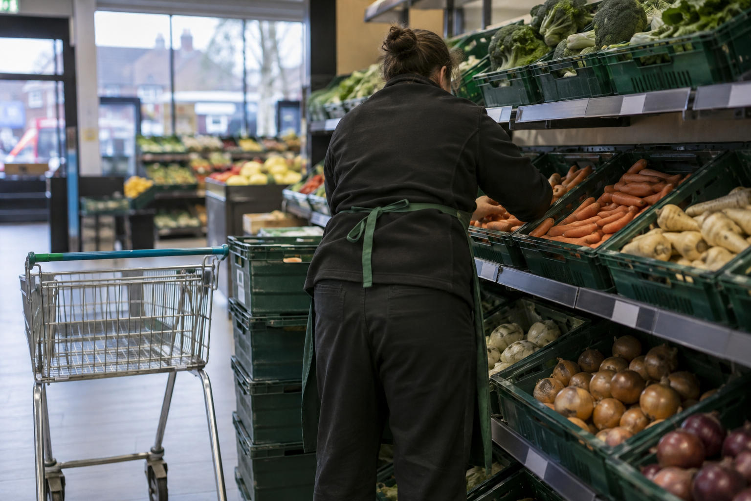 A worker replenishes loose vegetables from plain crates beside an empty trolley in a UK discount supermarket.