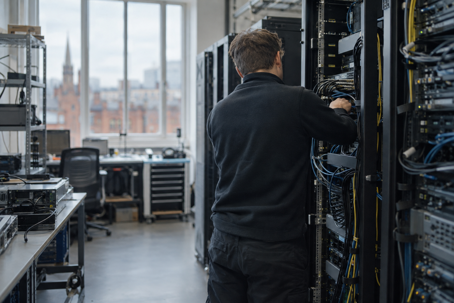 An anonymous technician connects server-rack cables in an AI storage testing lab in Manchester.