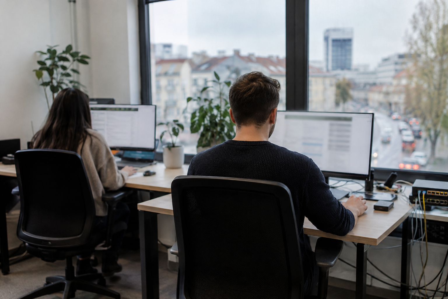 Anonymous financial technology staff at workstations in a Vilnius office, with network equipment beside their desks.