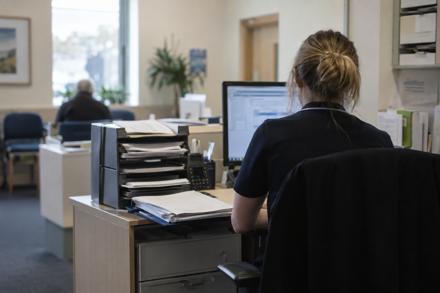 An anonymous healthcare administrator working with paper documents and a computer in a UK GP surgery.