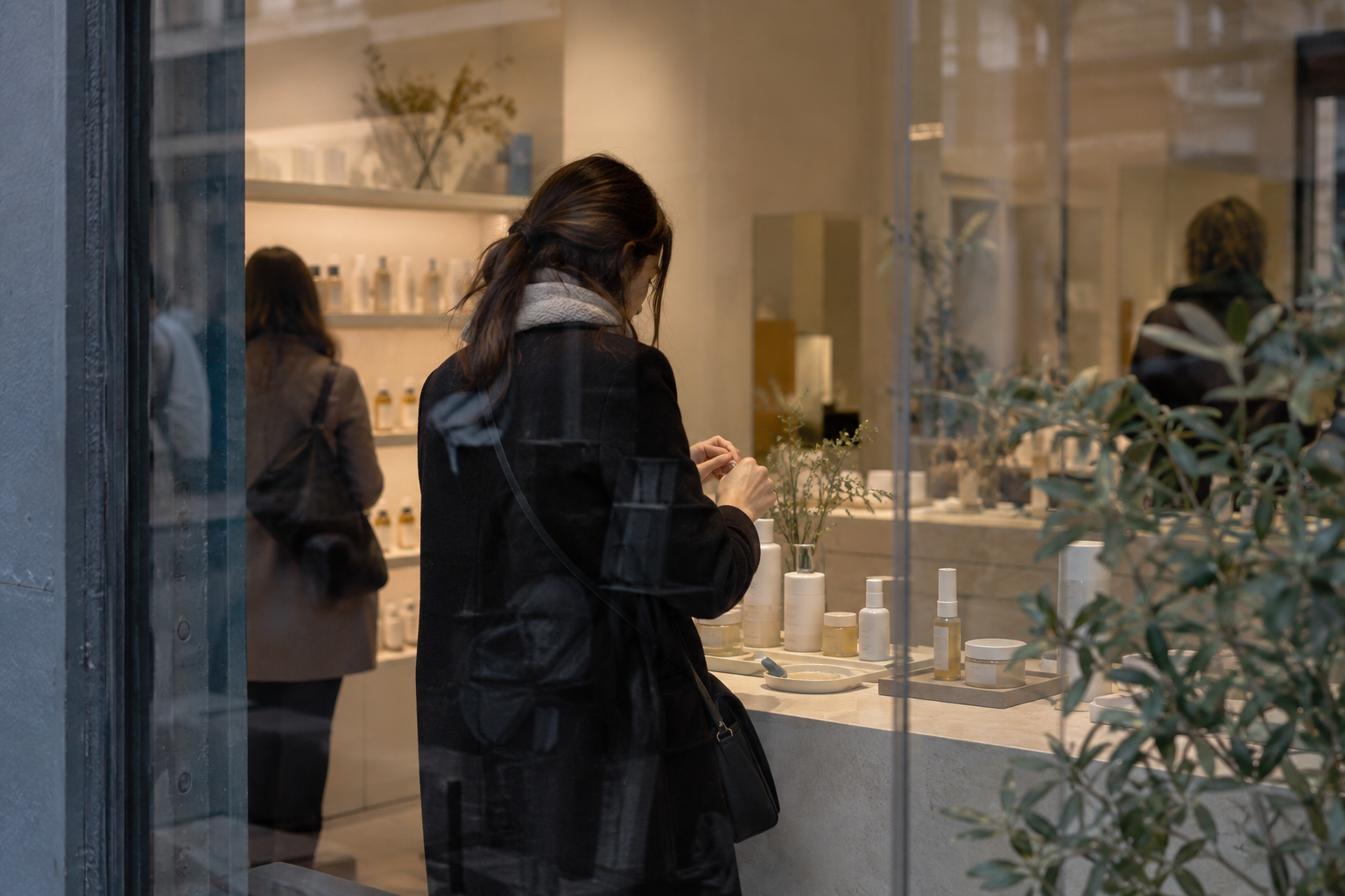 An anonymous shopper tests skincare at a beauty counter inside a shop on a Paris street.