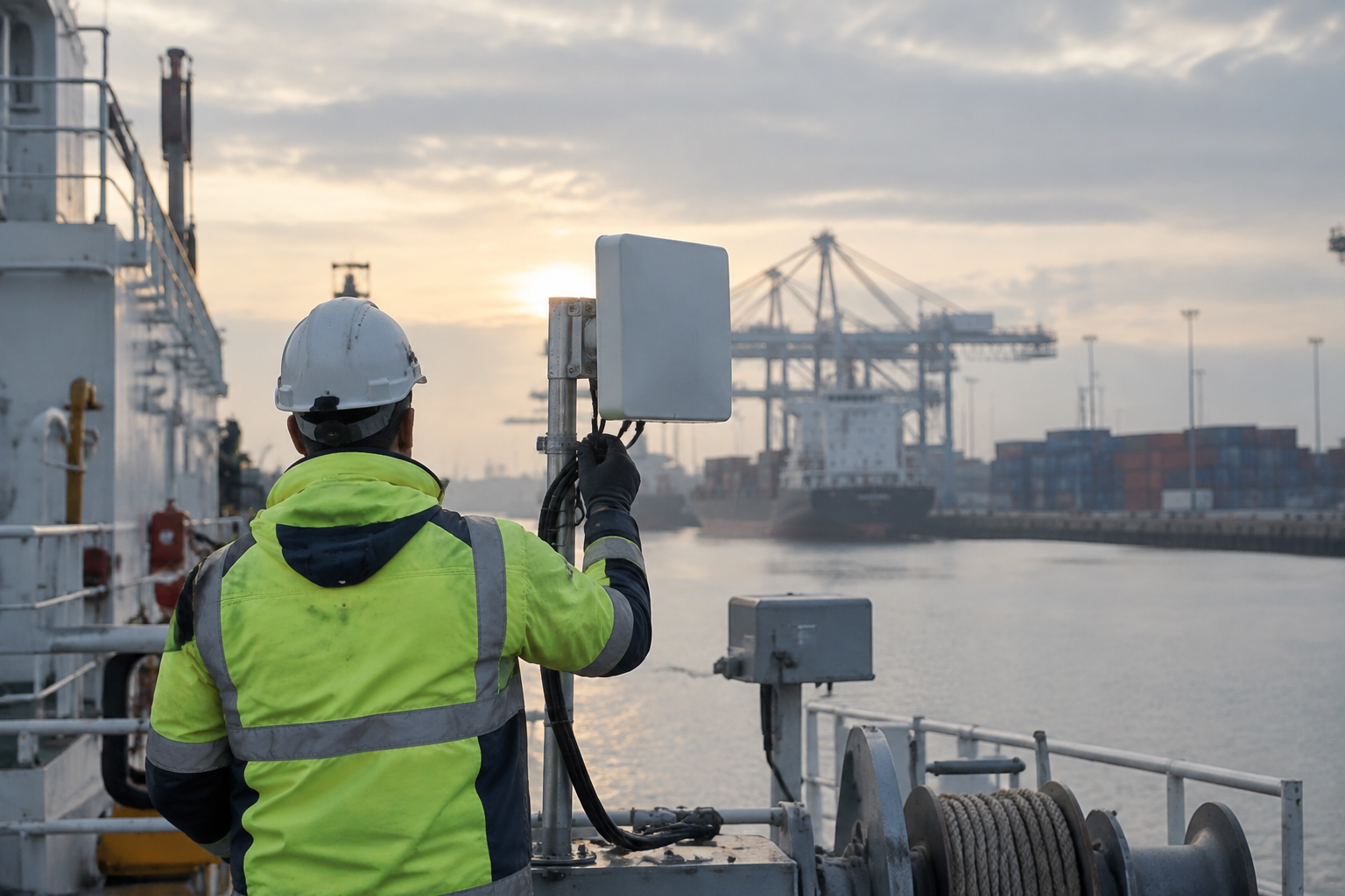 Technician checks maritime IoT network equipment on a cargo ship at a Danish port.