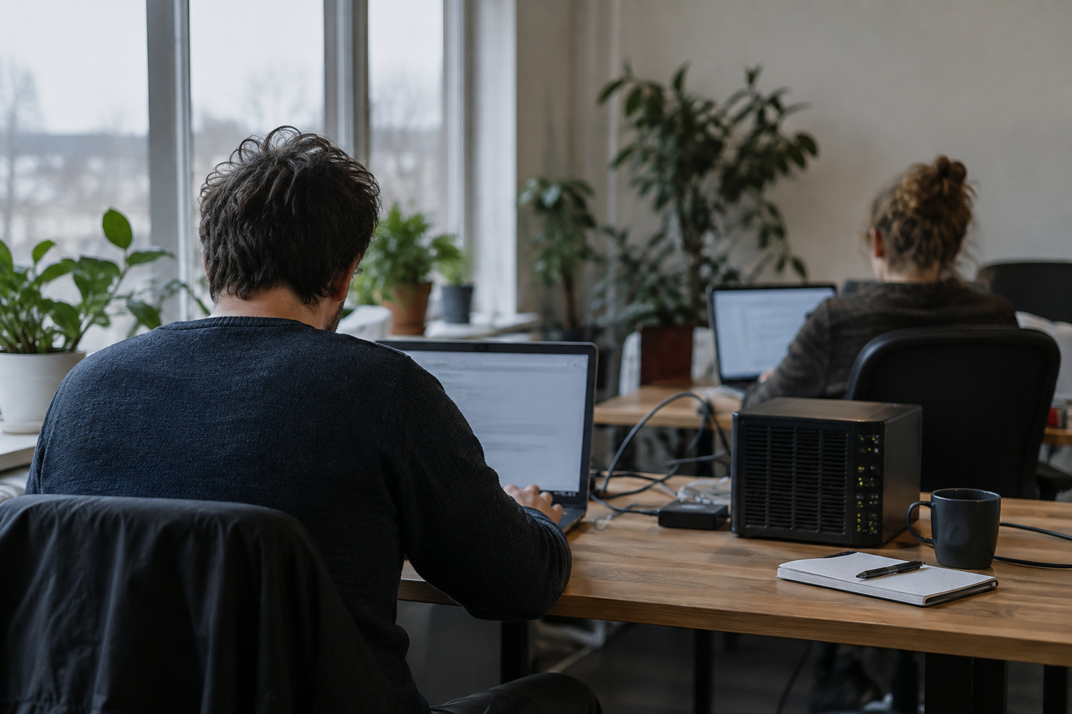 Two software developers seen from behind working at laptops in a modest UK technology office.