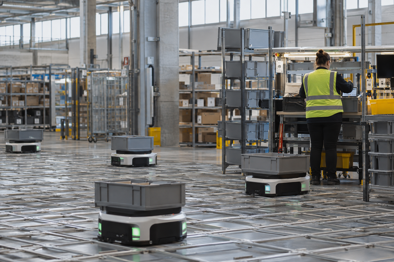 Warehouse robots on an aluminium storage grid beside a picking station in a UK fulfilment centre