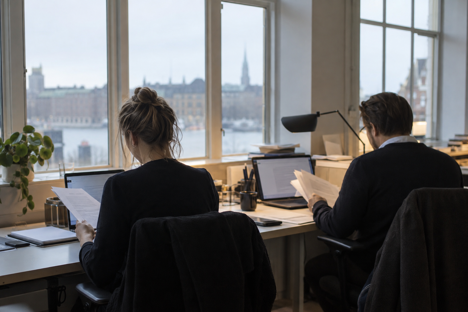 Anonymous legal technology staff reviewing documents beside laptops in a Copenhagen office.