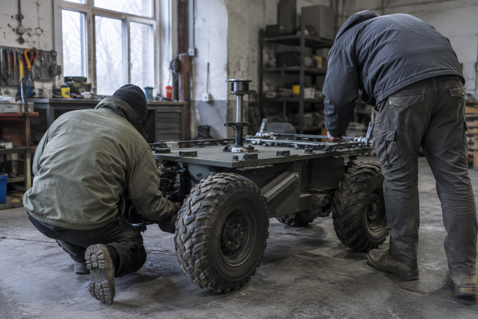 Anonymous technicians inspect an unmanned ground vehicle in a Kyiv workshop in Ukraine.