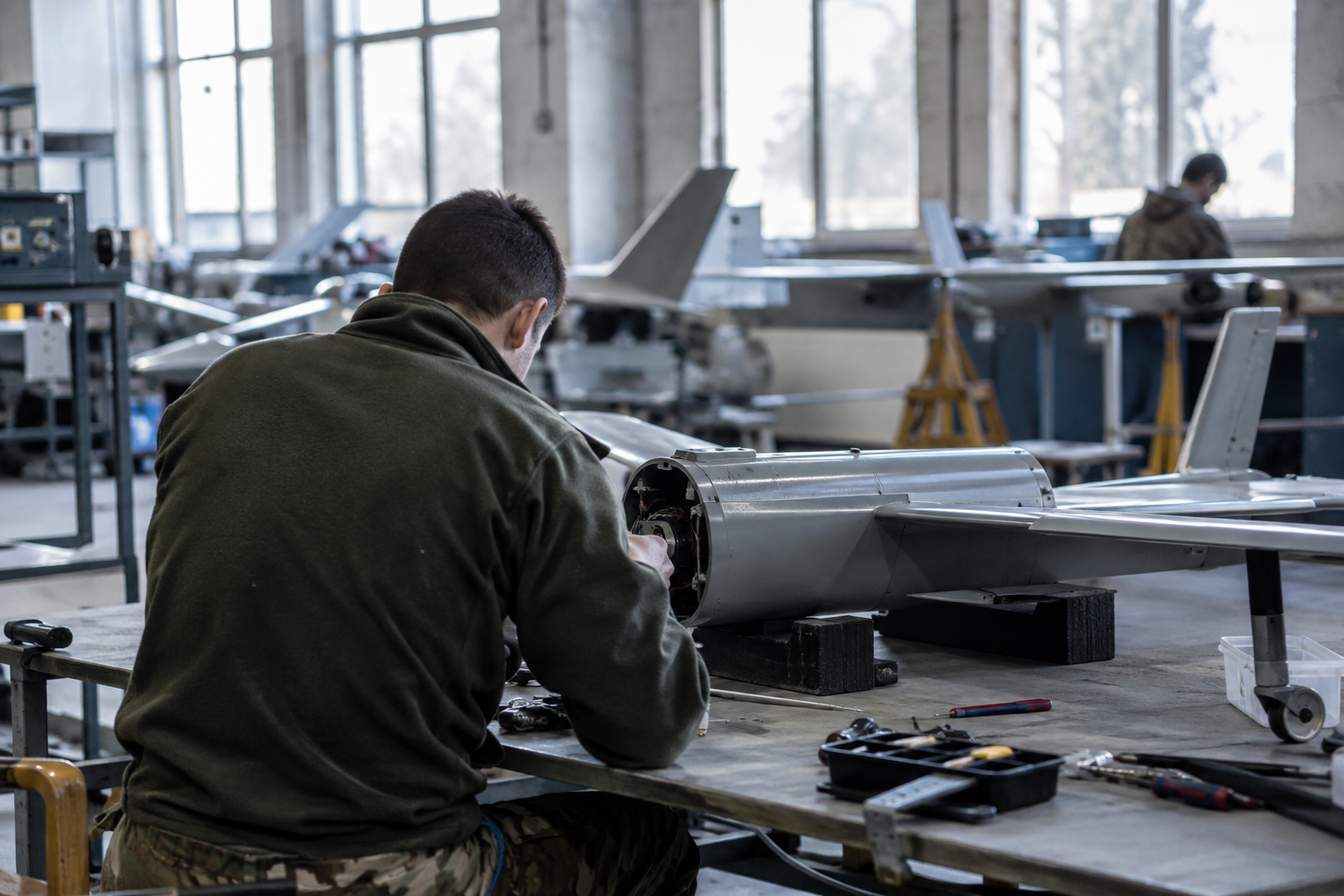 An anonymous technician inspects an interceptor drone on a workbench in a Ukrainian aircraft assembly workshop.