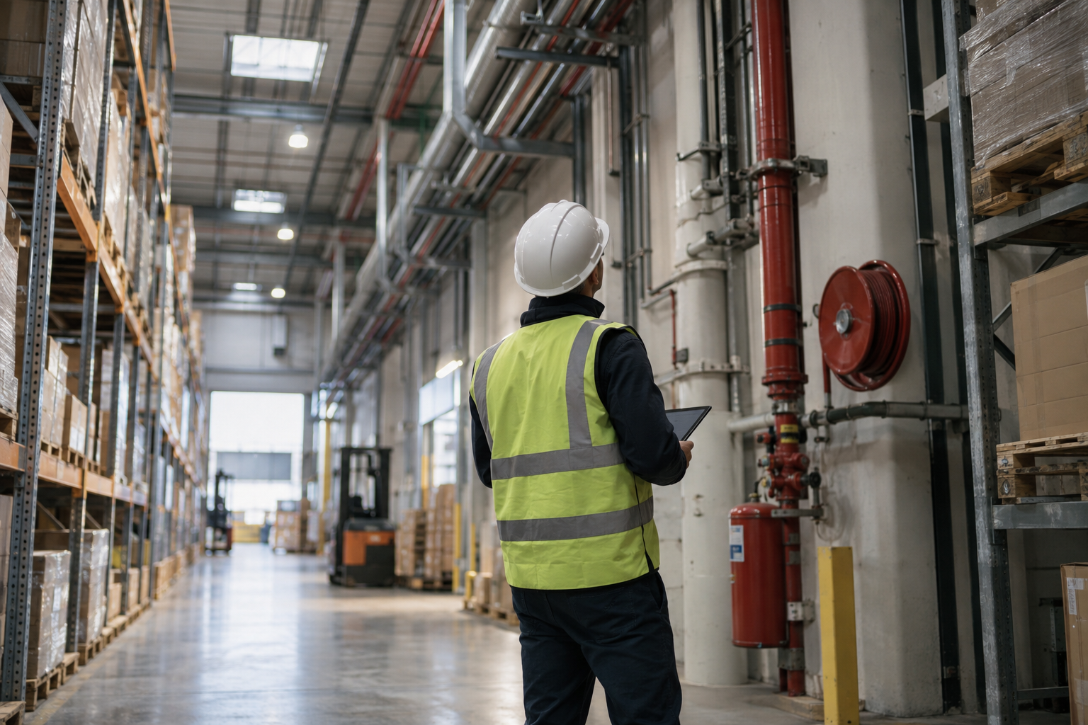 Commercial insurance risk engineer holding a tablet while checking pipework inside a European industrial warehouse.