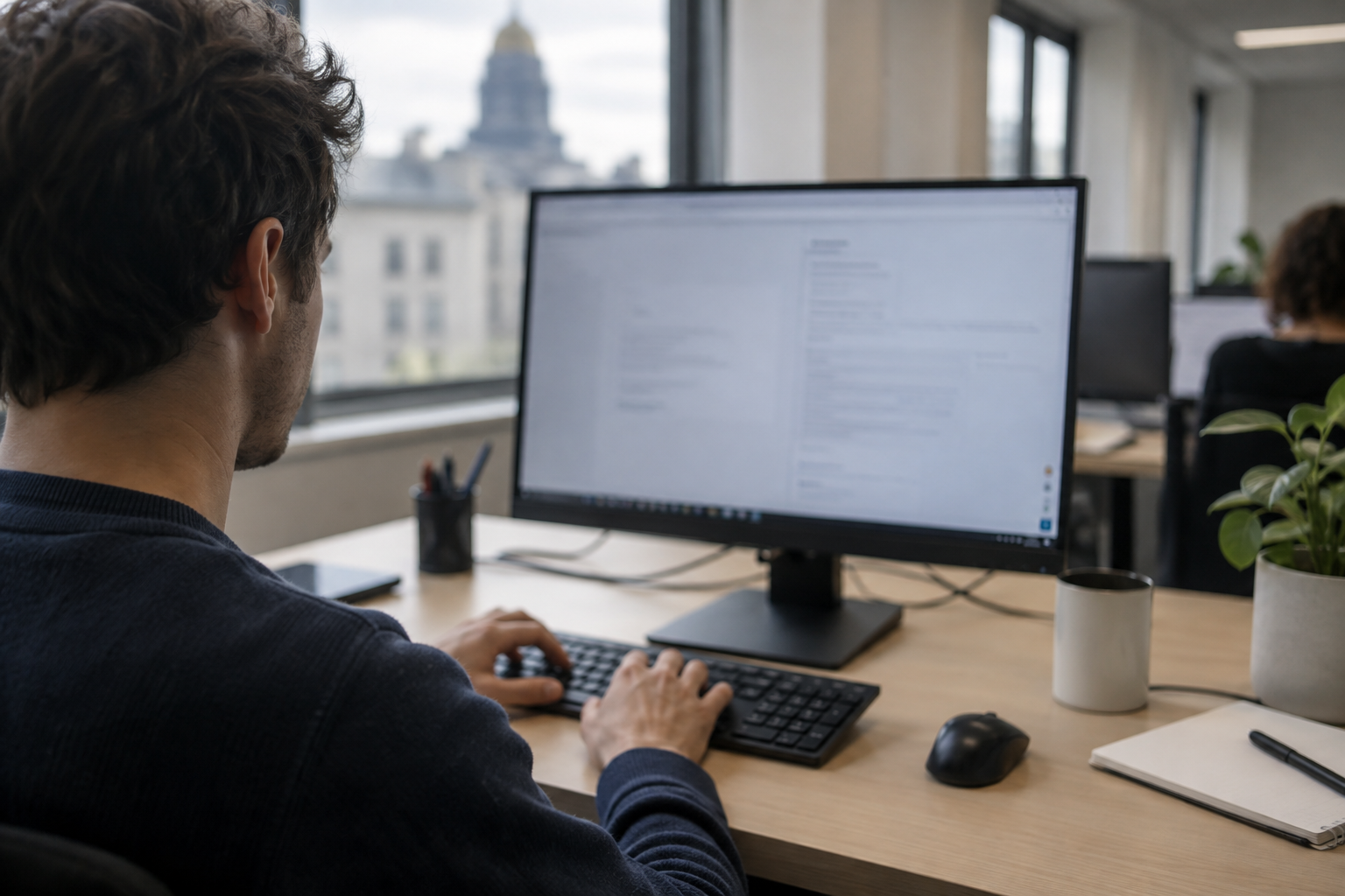 An anonymous software developer at a keyboard in a Brussels office, with an out-of-focus monitor.