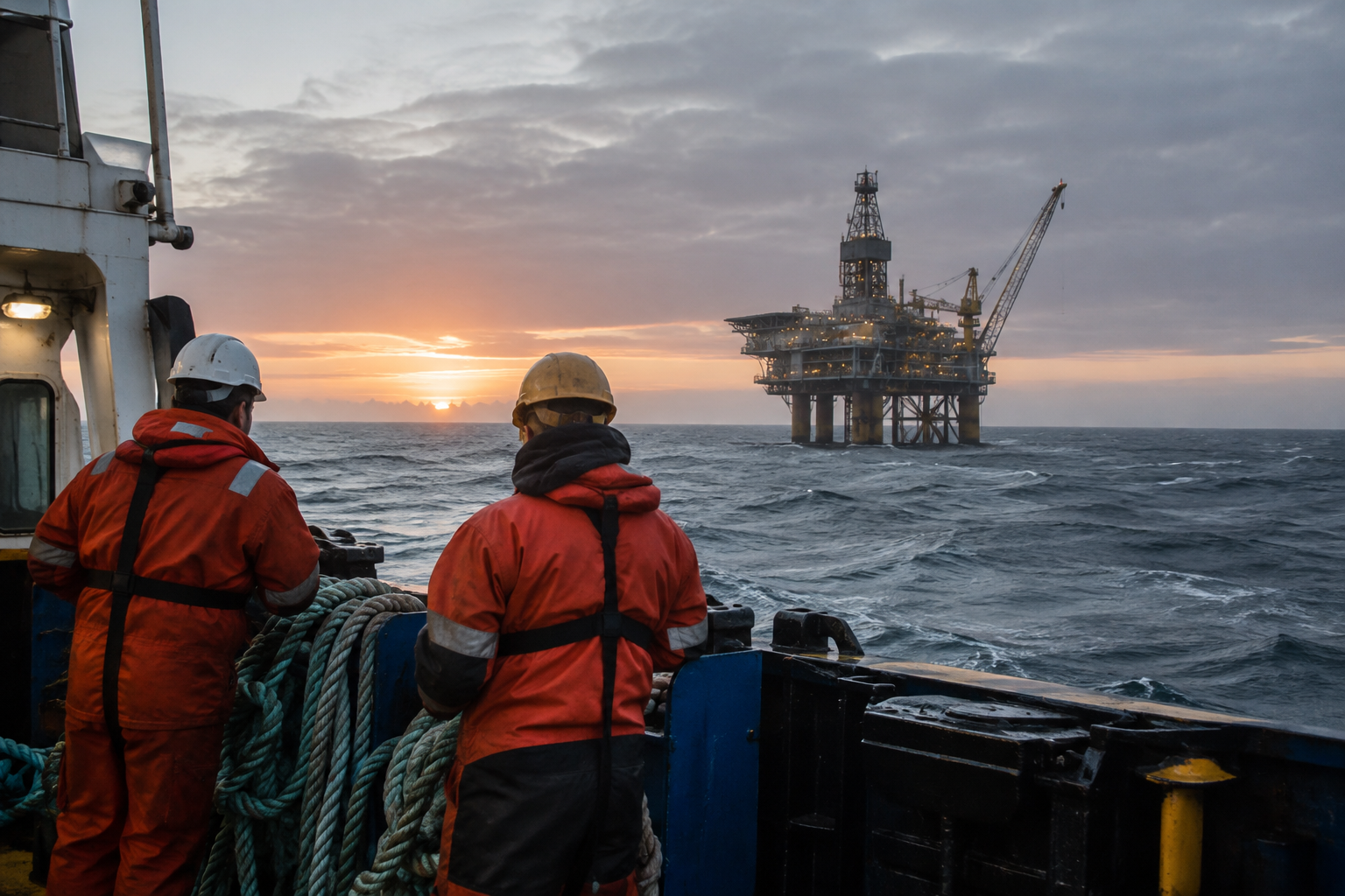 An offshore oil and gas platform in UK North Sea waters, seen from a supply vessel with crew on deck.
