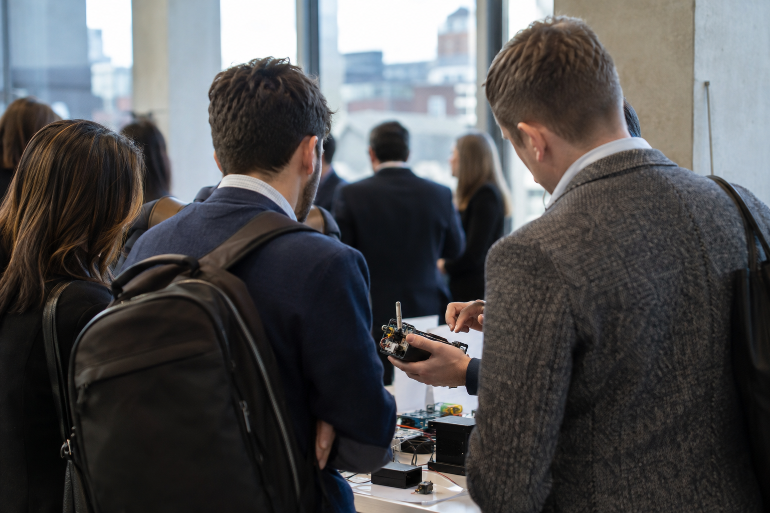 Anonymous attendees gather around an electronic prototype during a technology networking session in Birmingham.