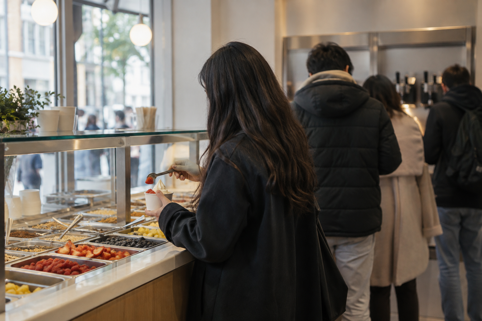 A customer adds fruit to frozen yoghurt at a toppings counter in a London dessert shop, with a queue behind.