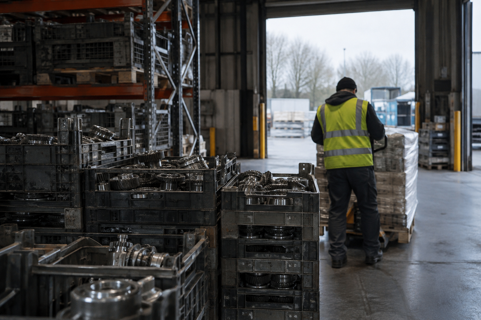 Automotive components in unmarked crates beside a loading bay at a UK warehouse, with a worker checking a pallet.