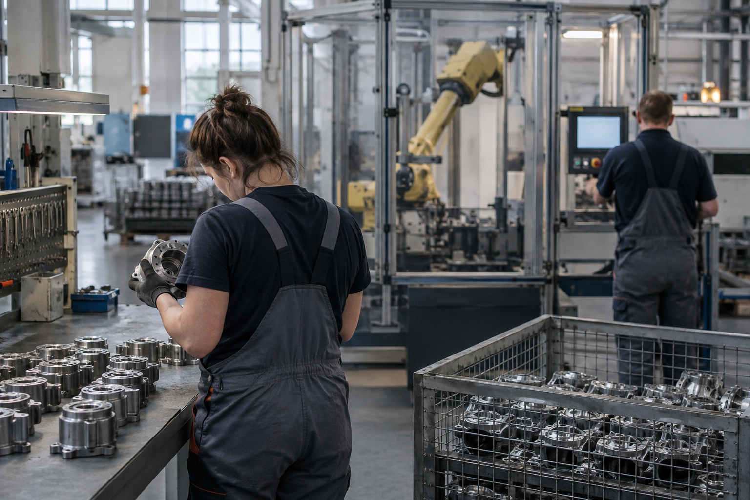Workers inspect machined metal components beside automated manufacturing equipment in a factory near Žilina, Slovakia.