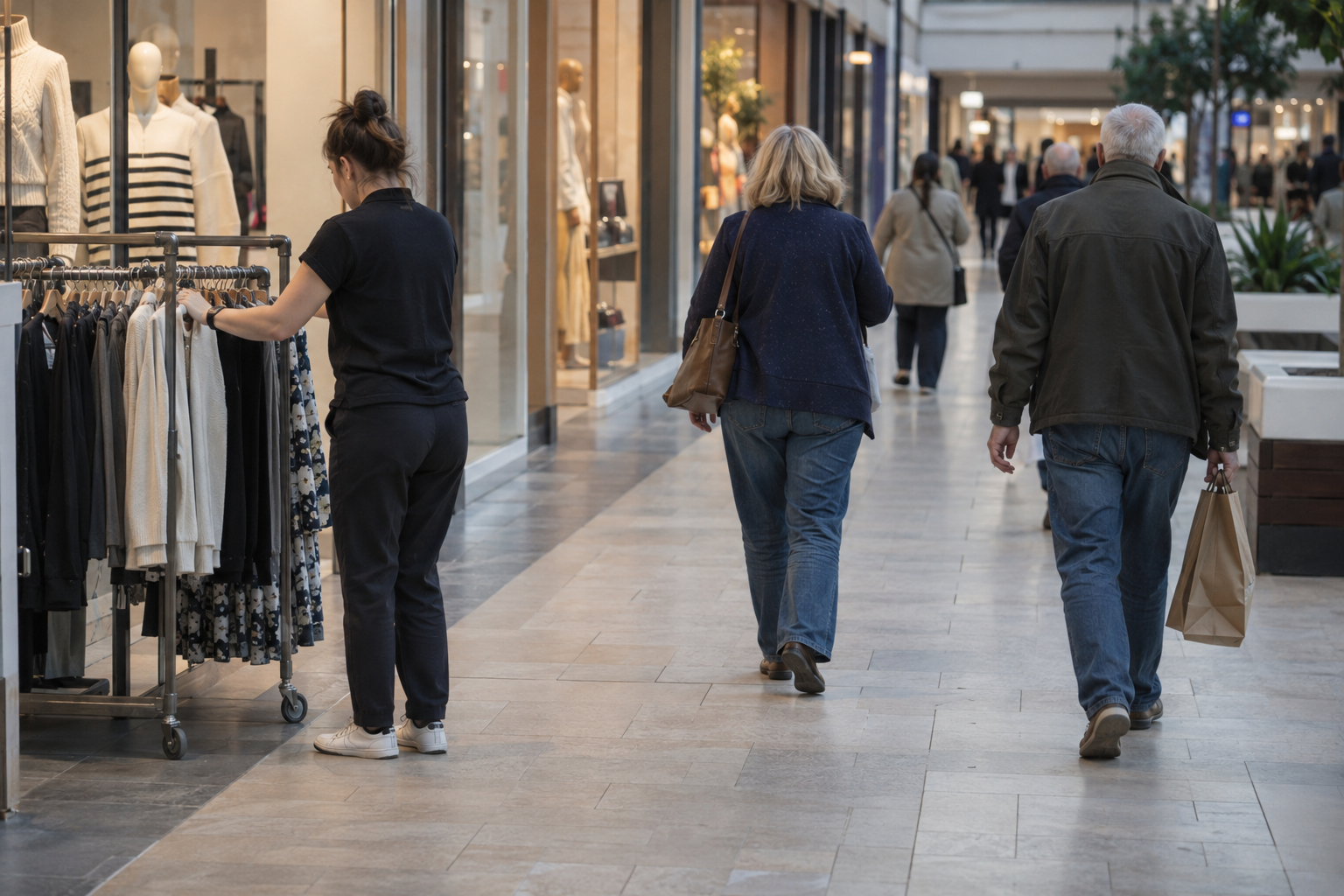 A few shoppers walk past unbranded shop windows in a UK shopping centre while a worker moves a clothing rail.