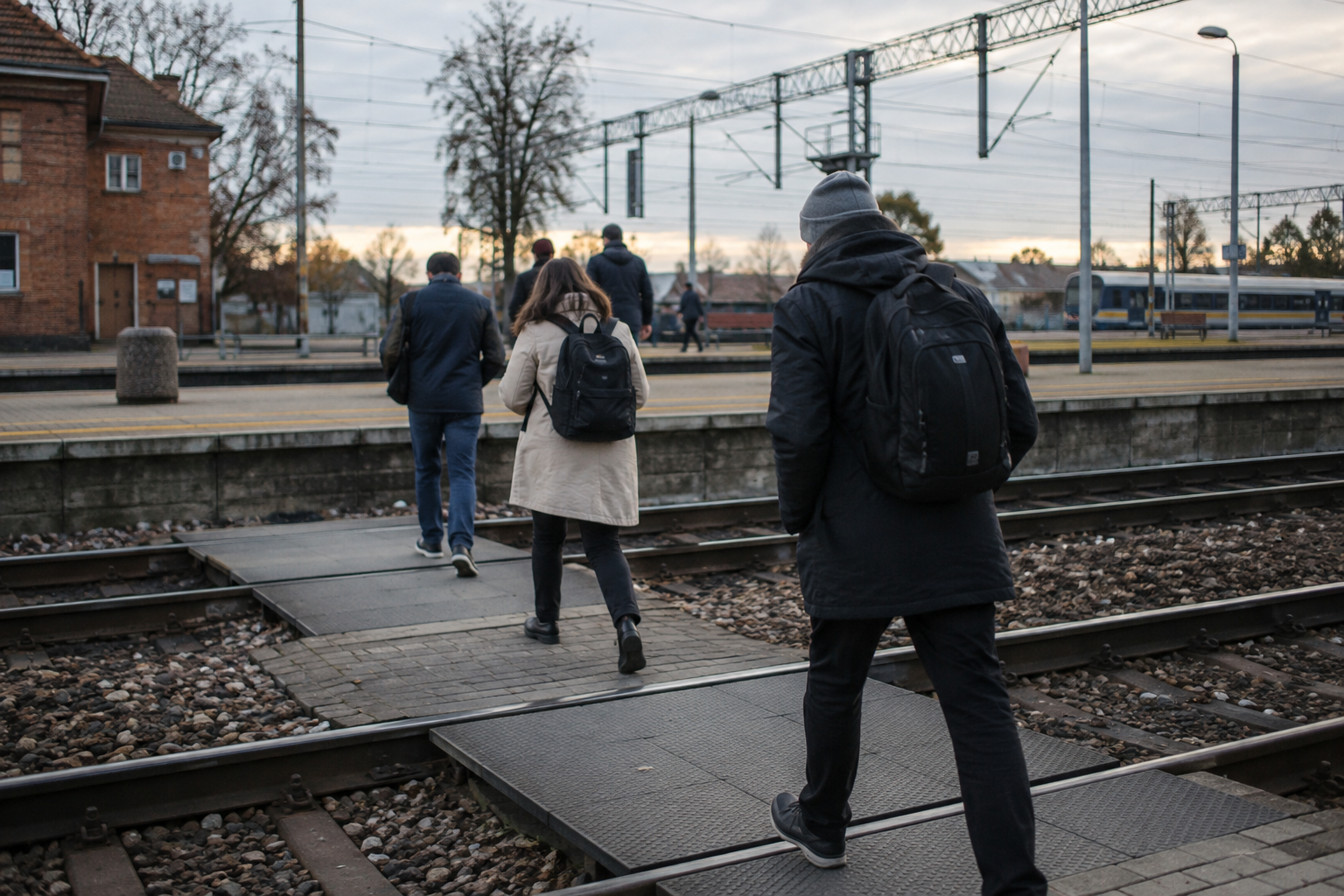 Passengers cross railway tracks towards a low, uncovered platform at a station in Kalisz, Poland.