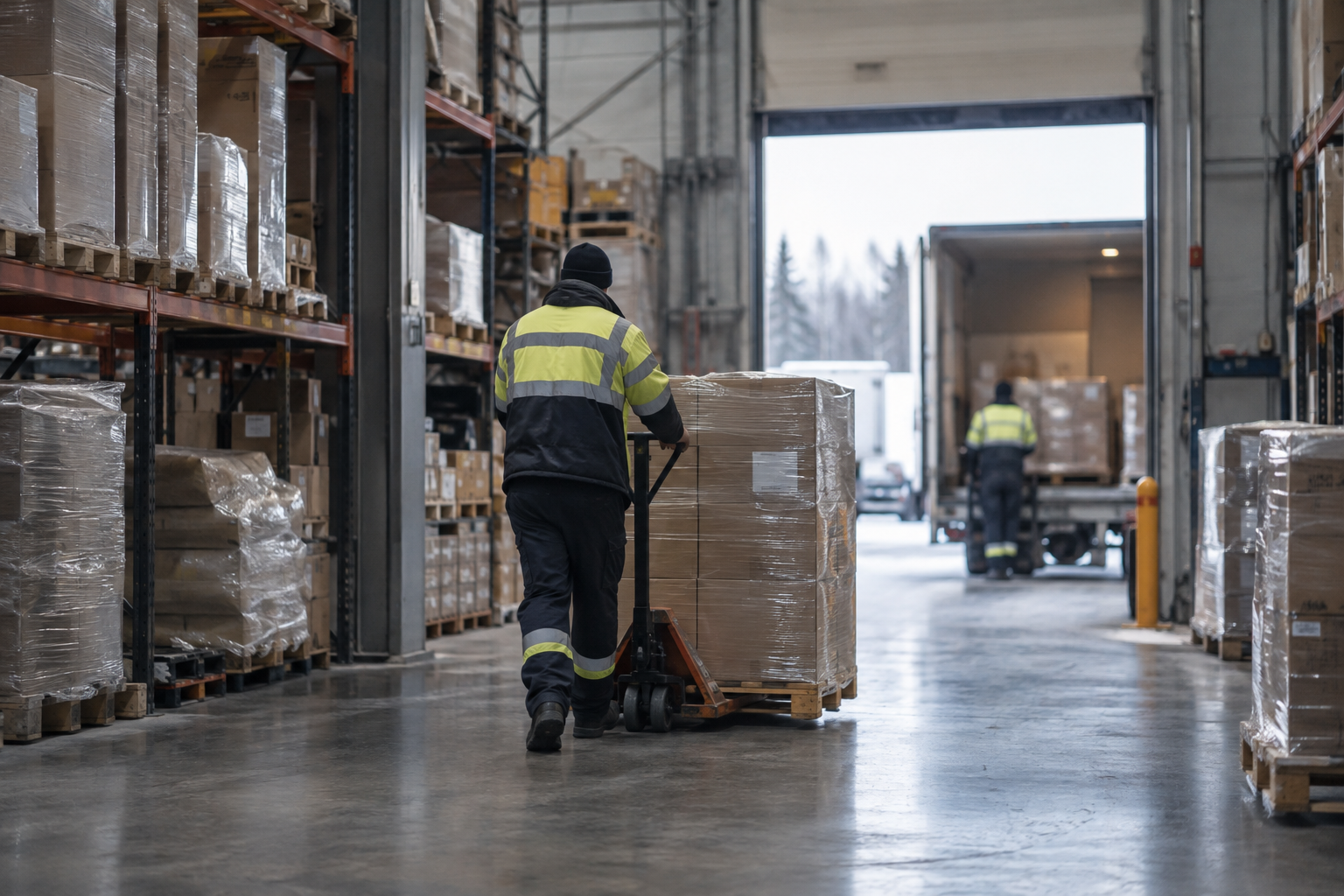 An anonymous worker moves a pallet truck past racks of plain cartons in a grocery distribution warehouse in Finland.