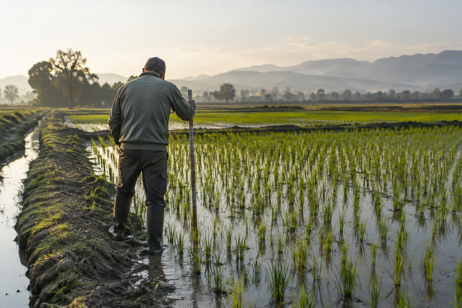 A fieldworker checks water depth beside rows of rice in an irrigated field in northern Italy.