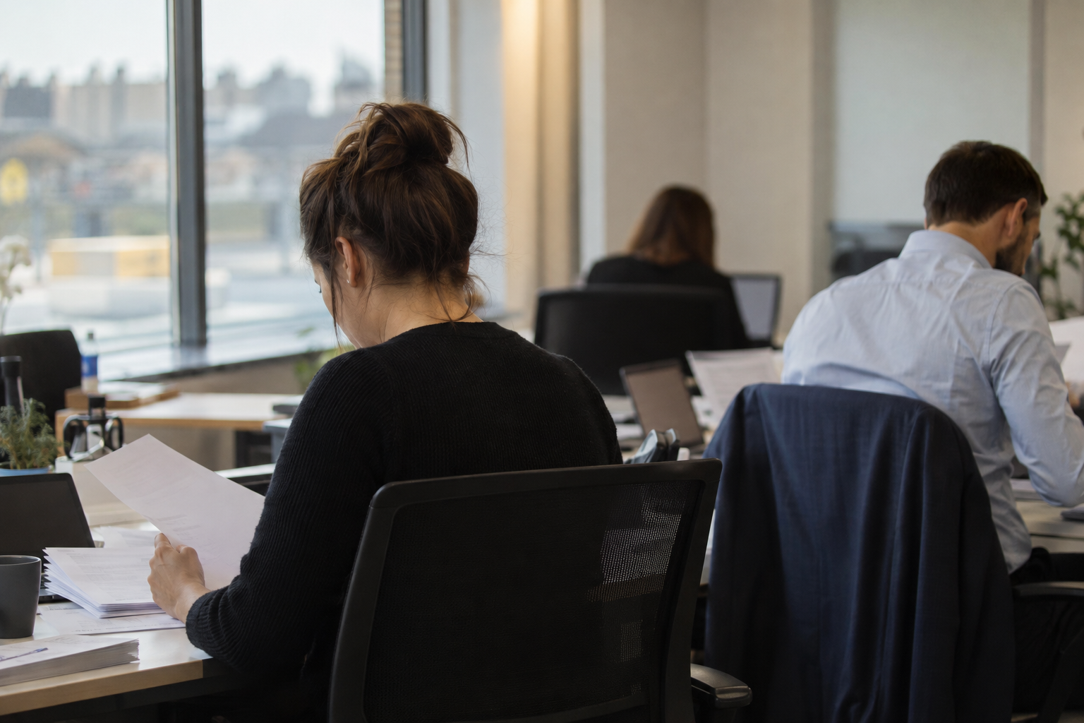 Anonymous lending staff reviewing paperwork at desks in a modern UK banking office.