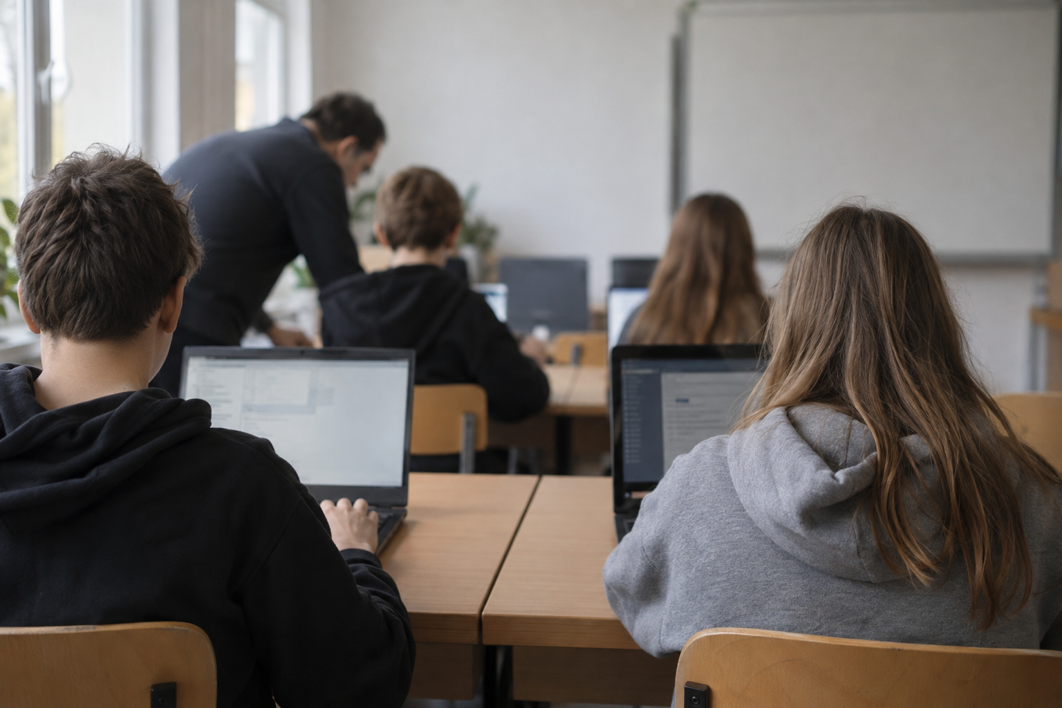 Teenagers working at laptops with a tutor during a technology education class in Poland.