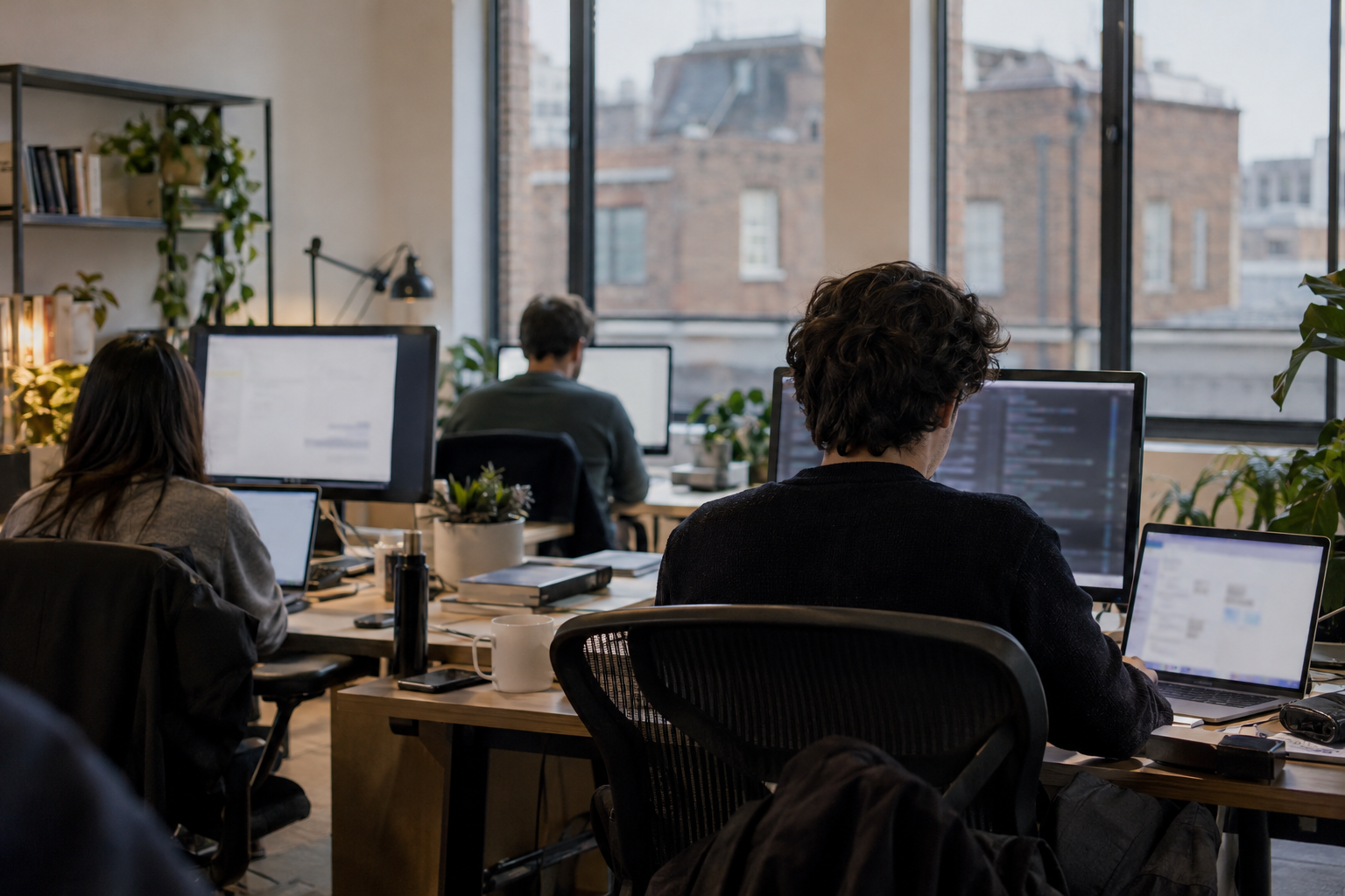 Anonymous AI infrastructure staff working at desks in a London office, with brick buildings visible through the windows.