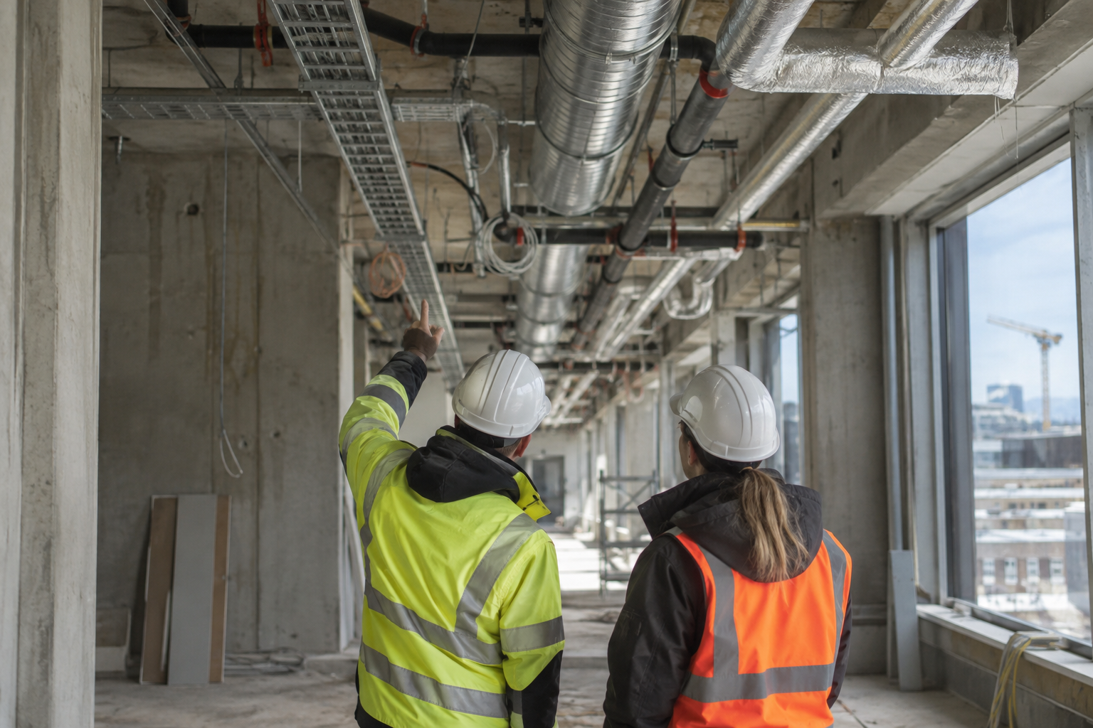 Engineers inspect ventilation ducts, cable trays and plumbing inside a commercial building under construction in Oslo.