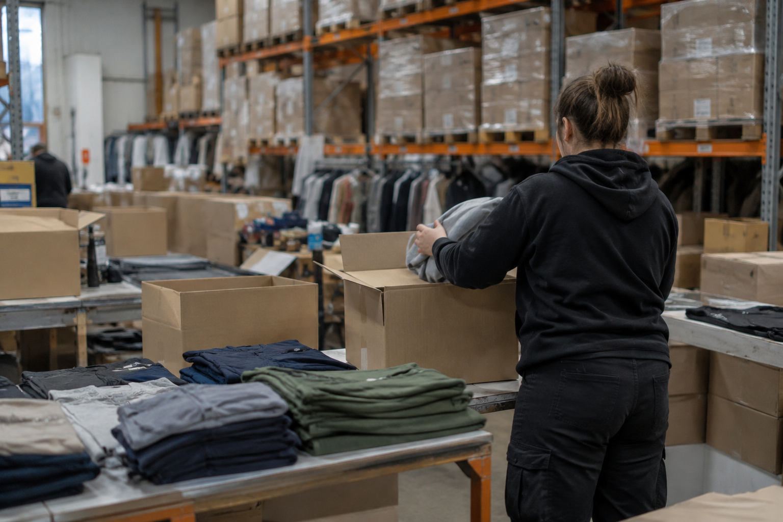 An anonymous worker packs clothing into plain delivery boxes at a warehouse in Sheffield, Britain.